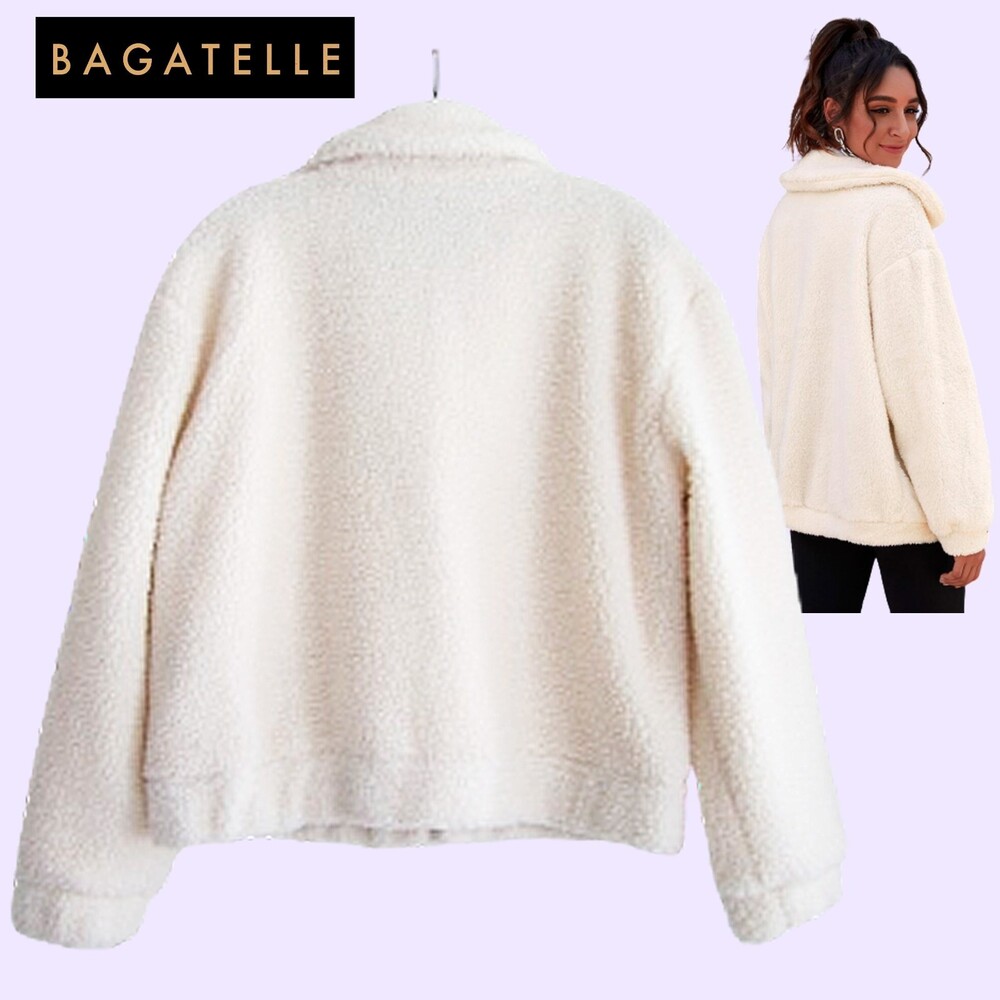 BAGATELLE NEW Faux Shearling Full Zip Patch Pocket Jacket Cream M NWT - Picture 3 of 12